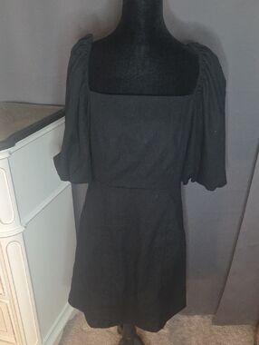 Classic Black Puff-Sleeve Square-Neck Dress